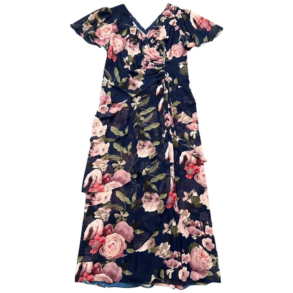 Xscape Navy Pink Floral Chiffon Ruched Faux Wrap Formal Gown Maxi Dress - 16W